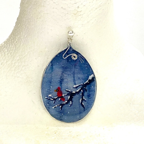 HANDMADE Mixed Media Hand Painted Acrylic Resin Art Cardinal Statement Pendant - Picture 7 of 9